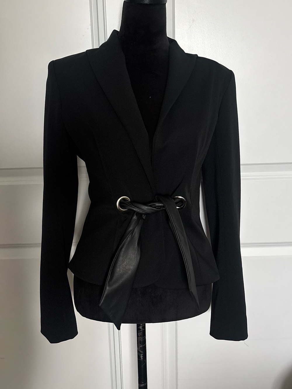 Cache Black Tie-Waist Faux-Leather Blazer